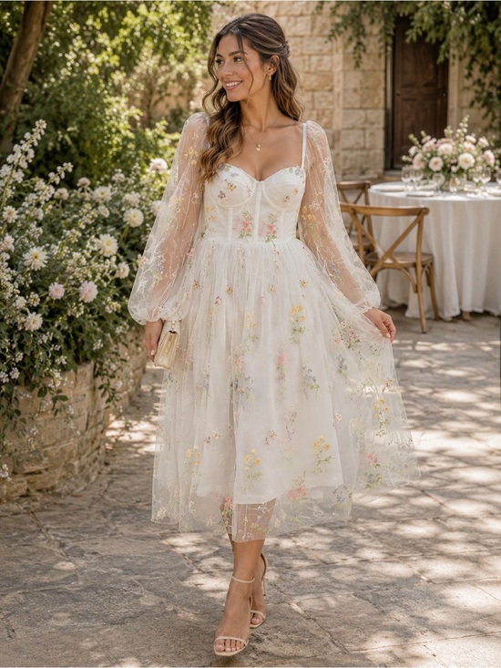 Unbranded Dresses & Skirts - Floral Embroidered Tulle Midi Dress Romantic Cottagecore Wedding Guest Fairycore